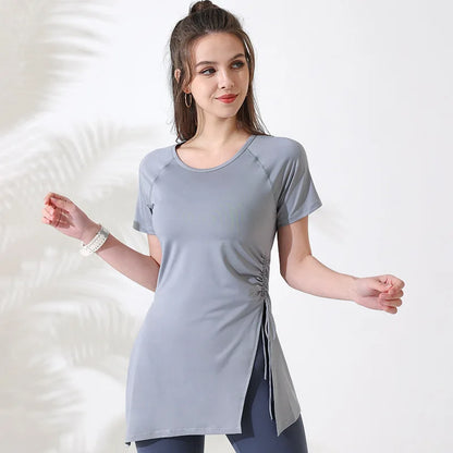Women’s Short Sleeve Yoga Workout Top – Breathable Gym Fitness Shirt with Side Drawstring Split Hem Sportswear for Training & Running