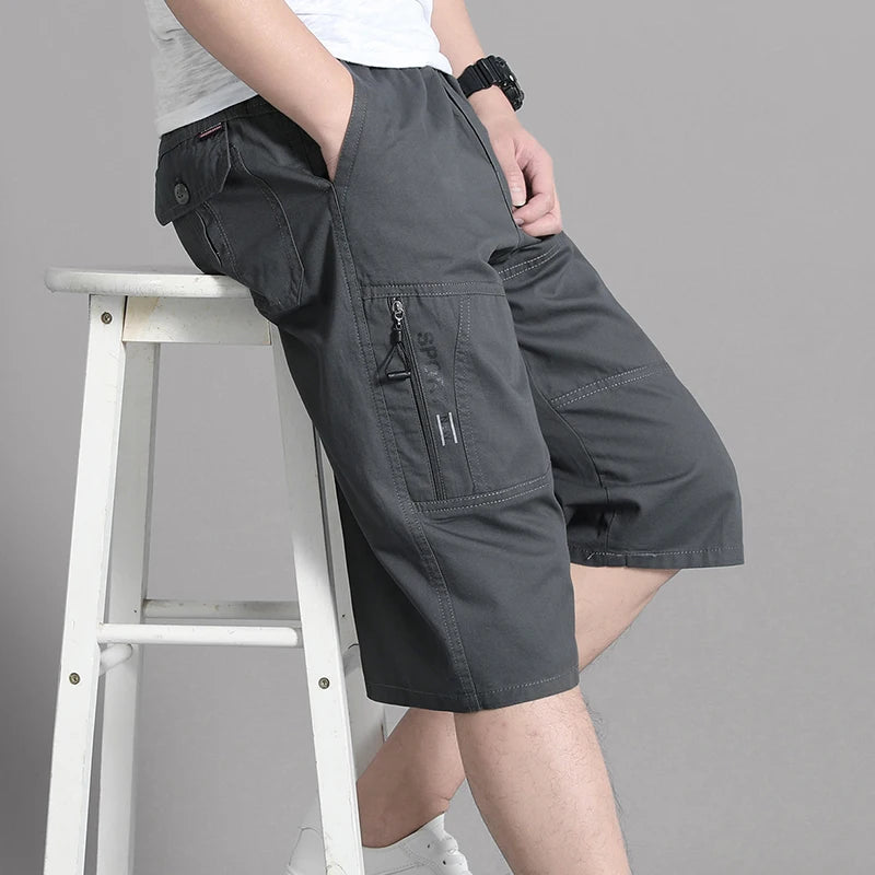 Men's Cargo Knee Shorts - Cotton Summer Climbing Jogger Pants with Zipper Pockets & Elastic Waist