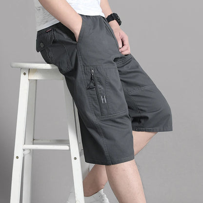 Men's Cargo Knee Shorts - Cotton Summer Climbing Jogger Pants with Zipper Pockets & Elastic Waist