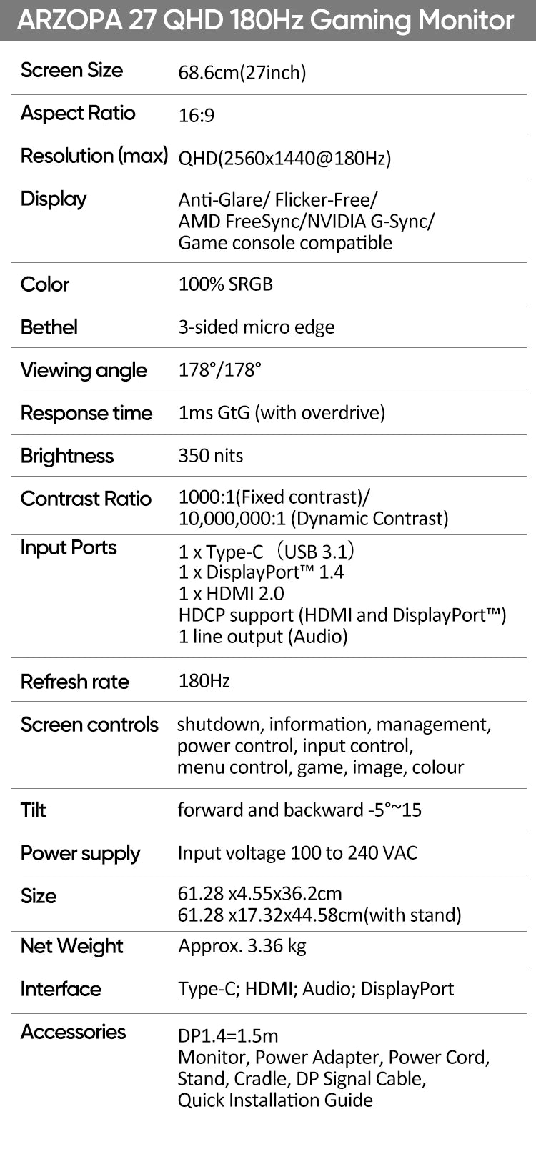 ARZOPA 27-Inch QHD Gaming Monitor — 180Hz Fast IPS, 1ms Response, FreeSync PC Monitor M1RC