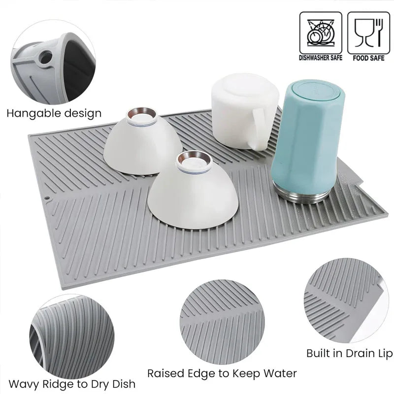 Silicone Draining Board Mat | Folding Drying Pad with Raised Edges for Kitchen Pots & Cups | S/M/L Sizes