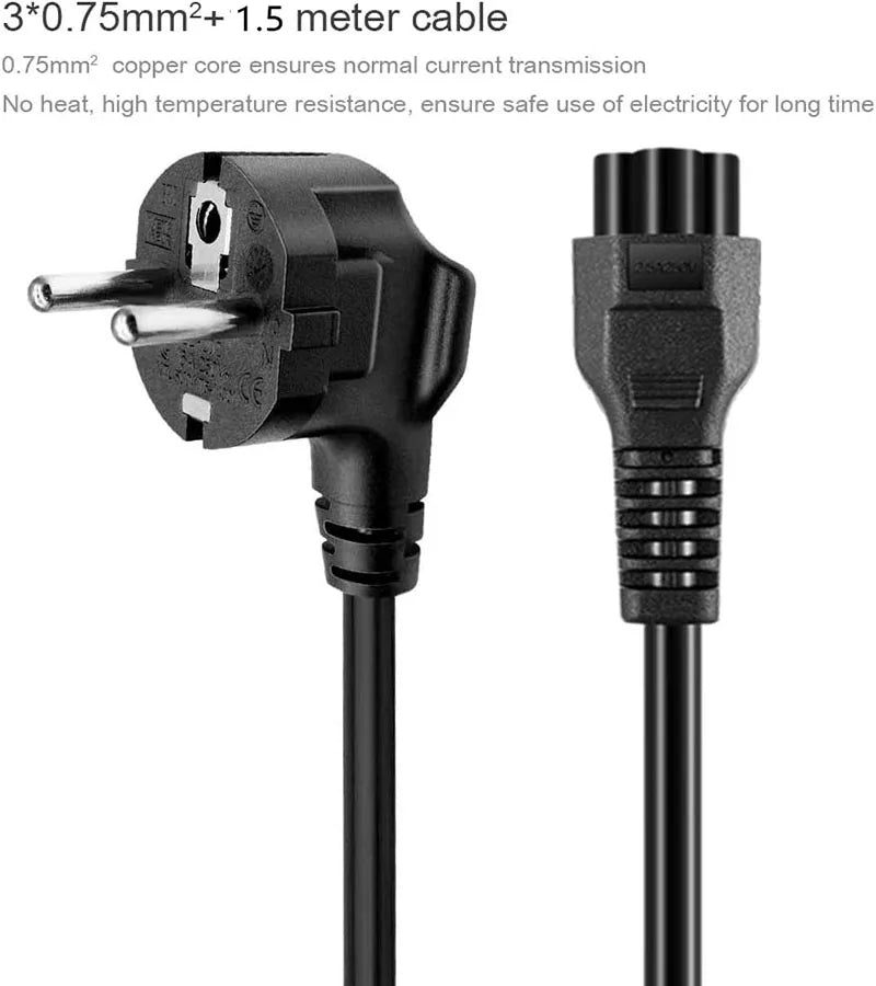 1.5M EU 3-Pin Laptop Power Cord - Universal AC Charger Cable for HP, Dell, Toshiba, Sony, ASUS, Lenovo & Samsung Notebooks