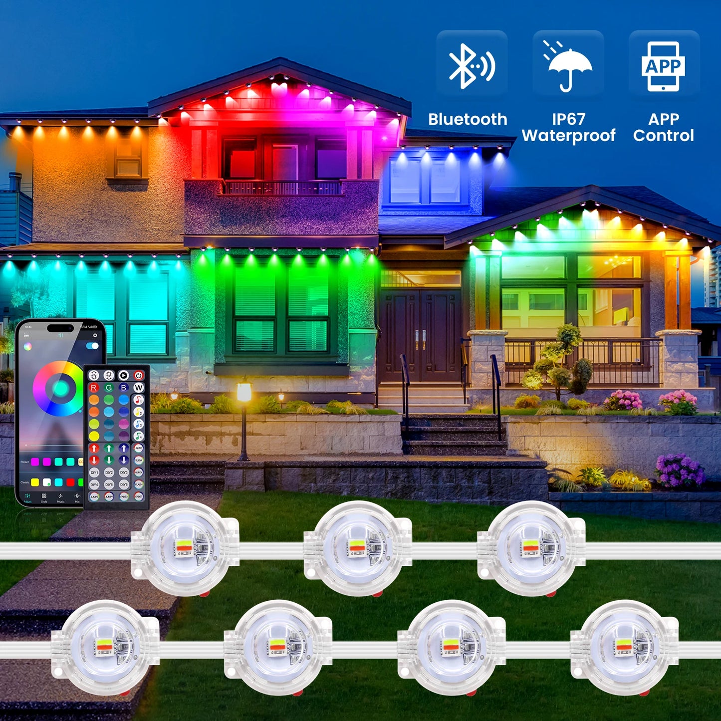 High-Brightness Outdoor Eaves LED Light – 24V Waterproof RGBCCT, Bluetooth APP Control, Christmas String Lights