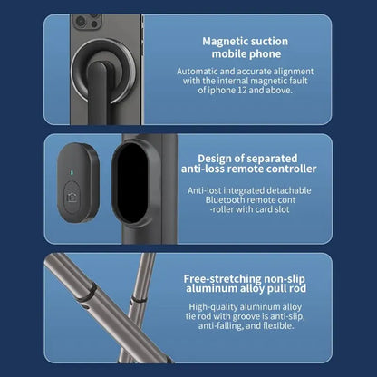 Bluetooth Selfie Stick with Magnetic Mobile Phone Stand - Handheld Camera Stabilizer with Integrated Desktop Triangle Stand for TikTok Live