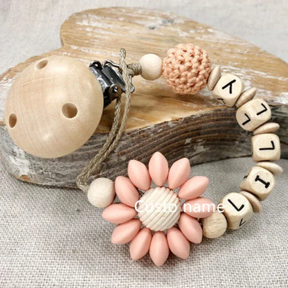 DIY Custom Name Silicone Beads & Wooden Ring Pacifier Clip – Safe Baby Teether, Eco-Friendly Dummy Chain Gift