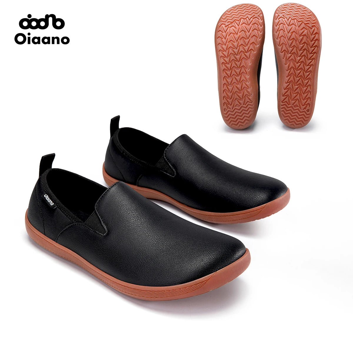 Oiaano Men's Wide Toe Minimalist Leather Slip-On Loafers – Comfortable Casual Driving Office Shoes Black