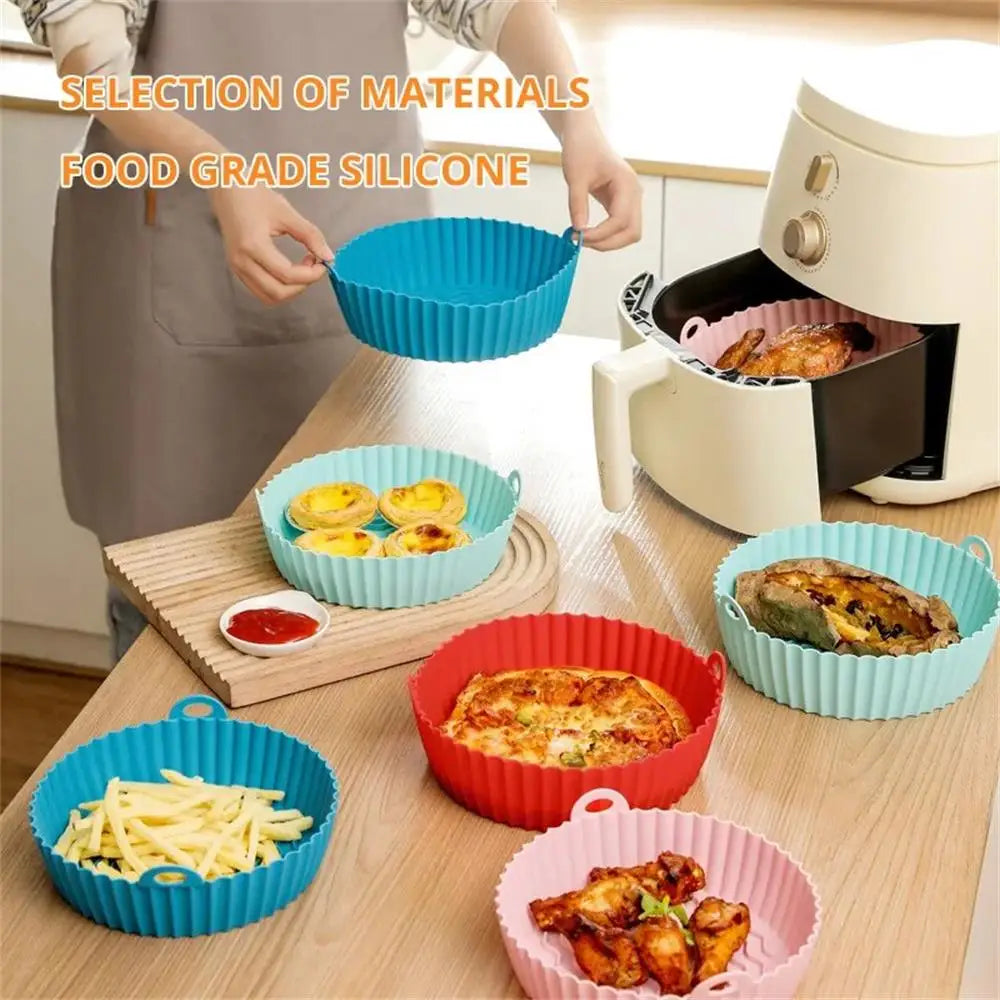 Air Fryer Silicone Baking Tray Mat - Circular, High-Temperature Resistant, Foldable Food-Grade Tray with Double Ear Handles