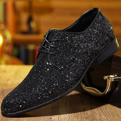 Men’s Luxury Sequin Oxford Dress Shoes - Gold & Silver Lace-Up Wedding Flats Large Size