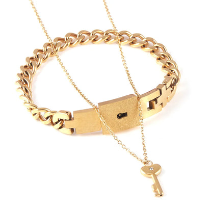 Couple Stainless Steel Love Lock Bracelet & Key Pendant Necklace – Romantic Jewelry Gift for Men and Women