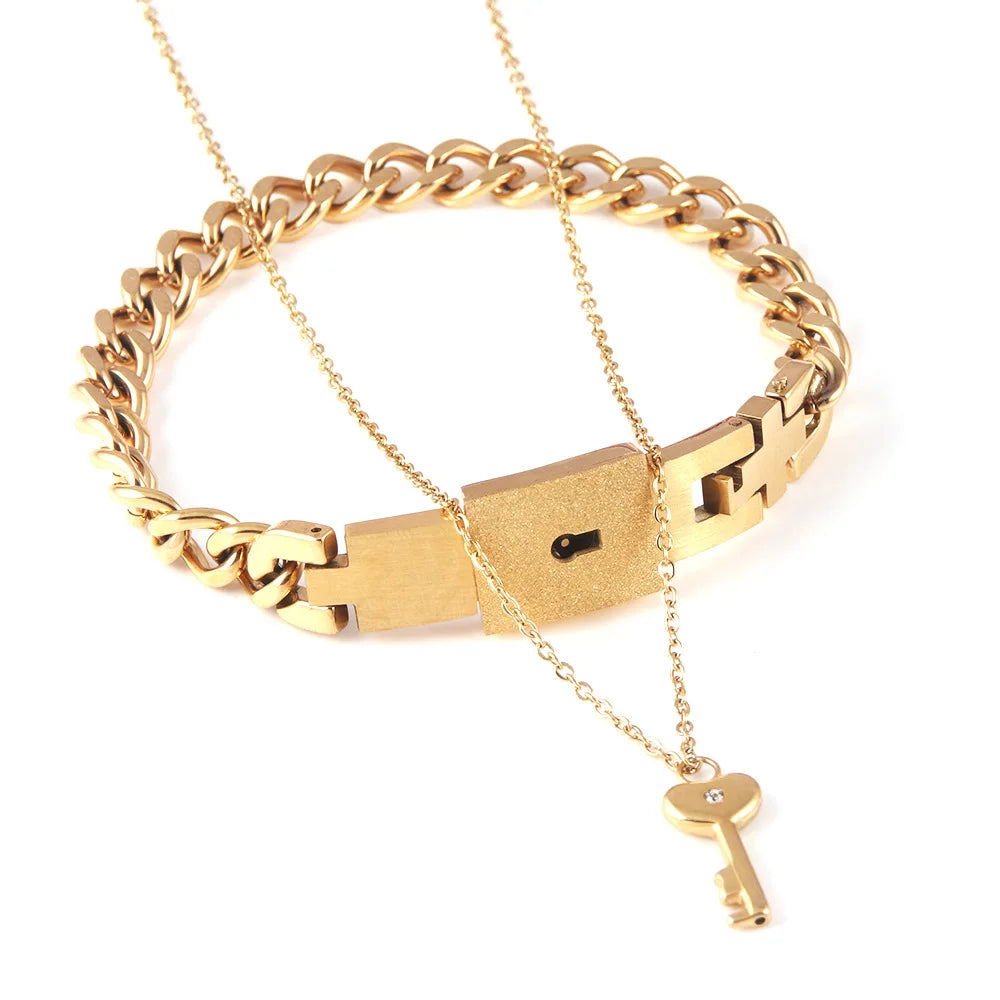 Couple Stainless Steel Love Lock Bracelet with Key Pendant Necklace – Romantic Jewelry Gift for Men and Women