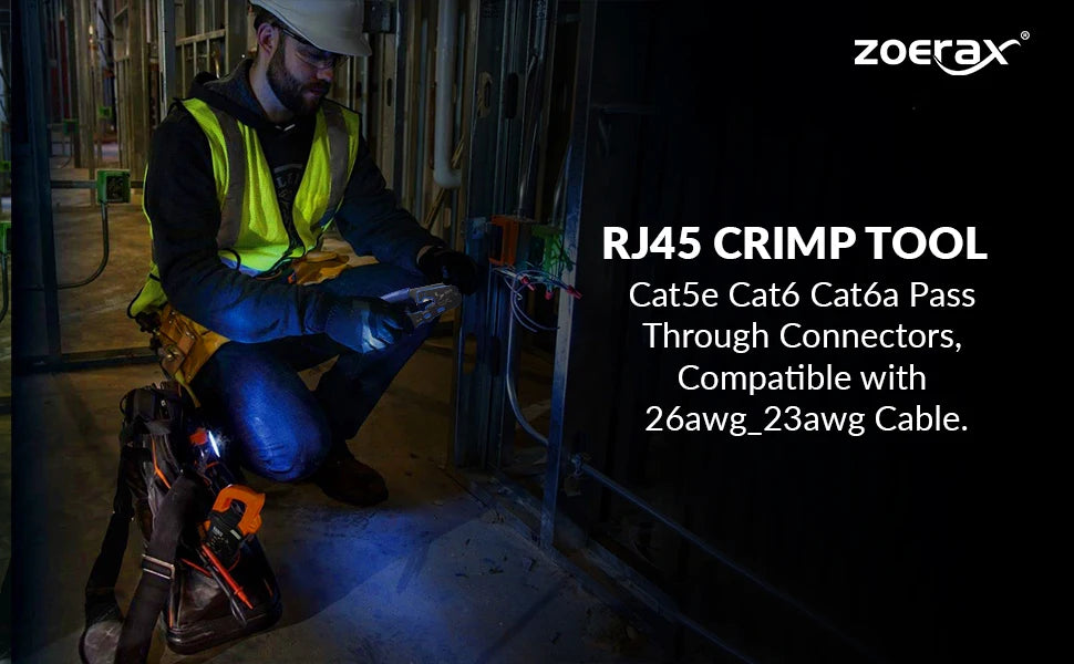 ZoeRax Pass-Through RJ45 Crimping Tool — All-in-One Crimper & Cutter for Cat6a/Cat6/Cat5 8P8C Ethernet