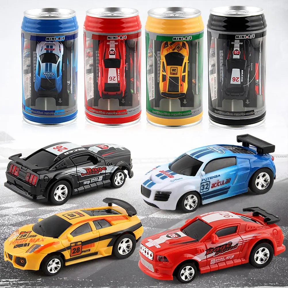Coke Can Mini RC Car — Battery-Operated Plastic Remote Control Racing Vehicle with Roadblocks, Micro Racing Toy for Kids & Boys