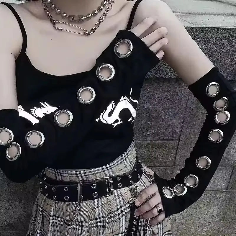 Y2K Personalized Buckle Fingerless Gloves - Punk Hip Hop Stage Performance & Street Dance Sleeves