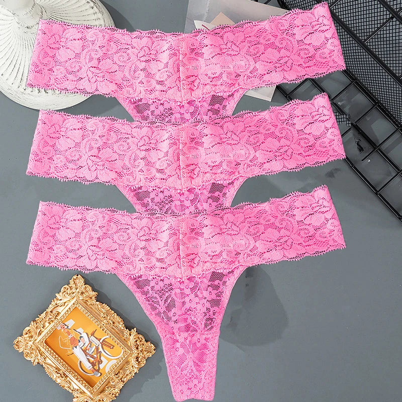 3PCS Lace Floral Women’s Panties - Low Waist Breathable Briefs & Thong, Sexy G-String Transparent Underwear (M-2XL)
