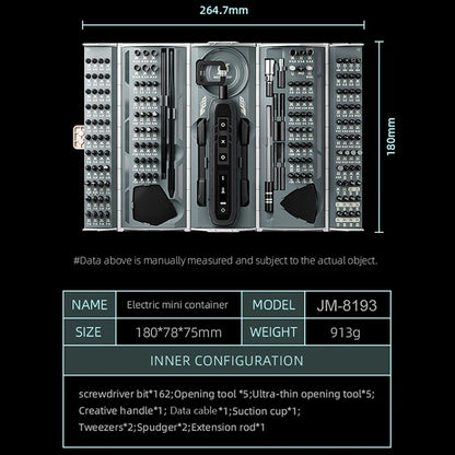 JAKEMY JM-8193 180-in-1 Electric Screwdriver Set – Precision Cordless Tool with Magnetic Bits for Phone, Glasses & Electronics Repair