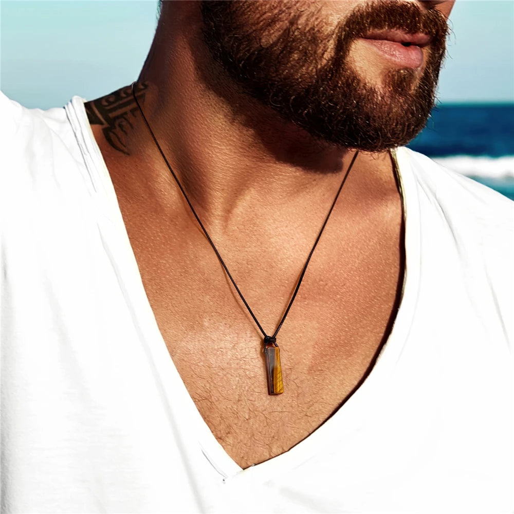Men's Vintage Rectangle Obsidian Pendant Necklace – Natural Tiger Eye & Labradorite Gem, Leather Rope Braid Healing Jewelry