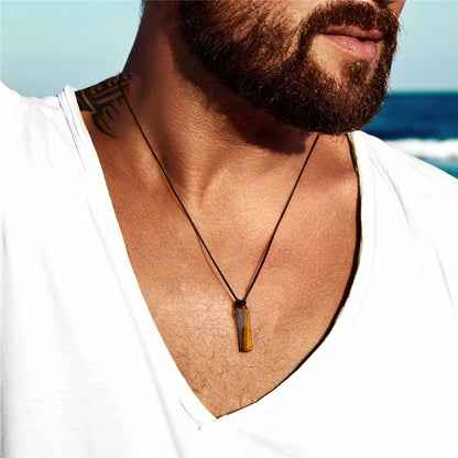 Men's Vintage Rectangle Obsidian Pendant Necklace – Natural Tiger Eye & Labradorite Gem, Leather Rope Braid Healing Jewelry