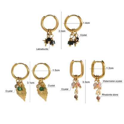 YACHAN 18K Gold-Plated Stainless Steel Hoop Earrings — Vintage Green Stone Charms, Trendy Waterproof Jewelry for Women