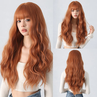 Copper Ginger Red Brown Synthetic Wig – Long Fluffy Wavy Wig with Bangs, Heat-Resistant Cosplay & Daily Wear Hair for Women