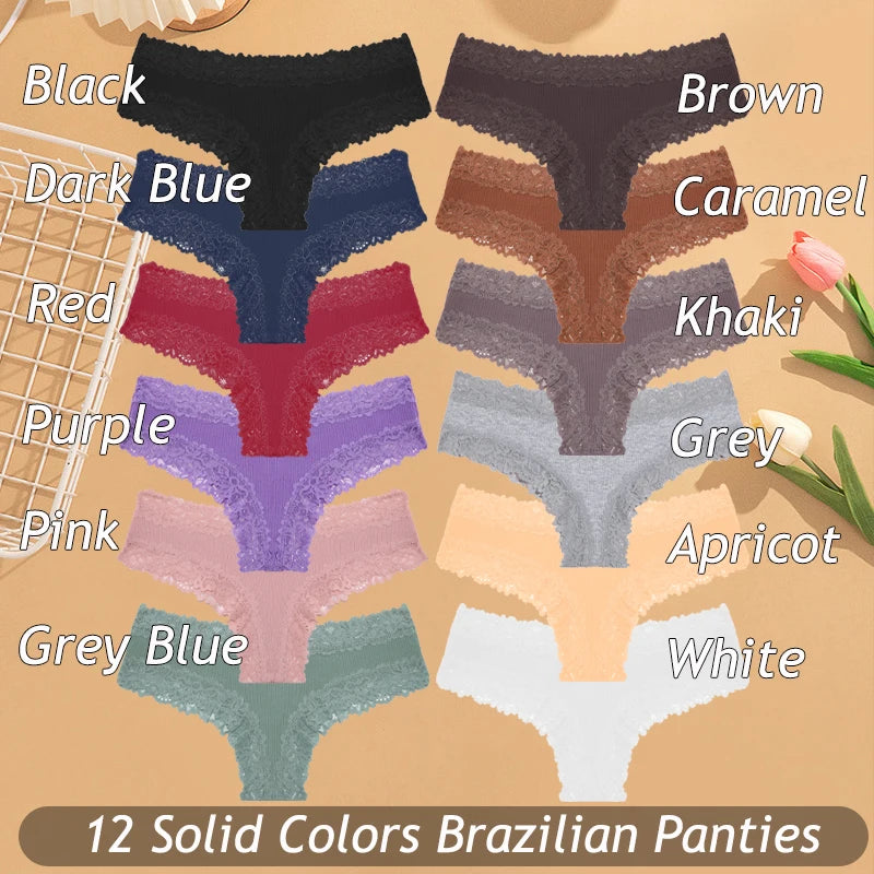 3PCS Women’s Cotton Lace Panties Set - Low Waist Brazilian Bikini Underwear Soft Floral Lingerie T-Back Style