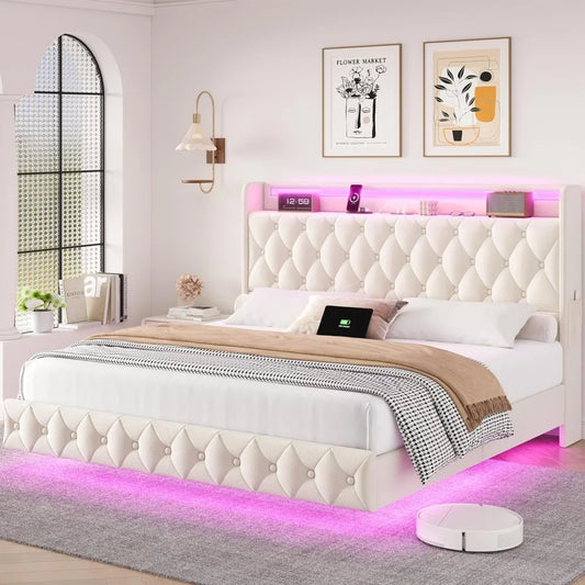 Floating Queen Size Bed Frame – Modern Upholstered Platform Bed with LED Lights, USB Charging Headboard & Velvet Fabric
