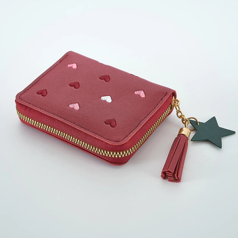 Pu Leather Mini Wallet for Women - Multifunctional Money Clip with Love Embroidery and Certificate Storage