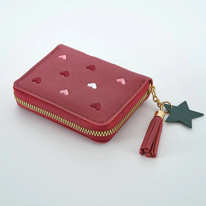 Pu Leather Mini Wallet for Women - Multifunctional Money Clip with Love Embroidery and Certificate Storage