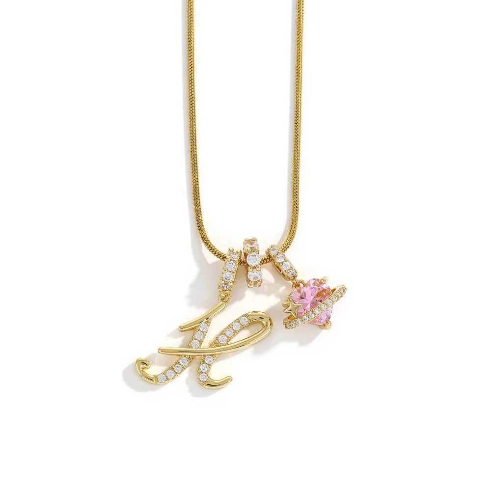 Gold Zircon Flower Letter Necklace - A-Z Alphabet Pendant Jewelry Gift for Women