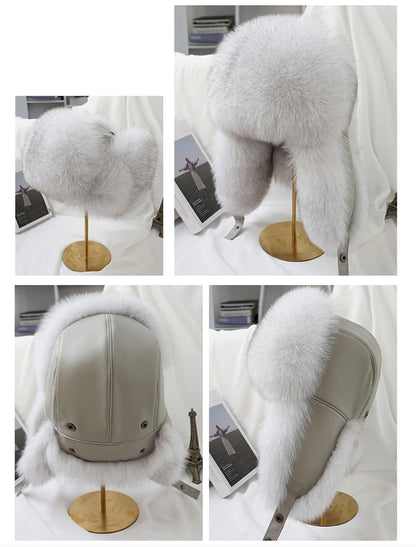Natural Raccoon & Fox Fur Russian Ushanka Hat – Women’s Black Winter Bomber Cap with Ear Flaps