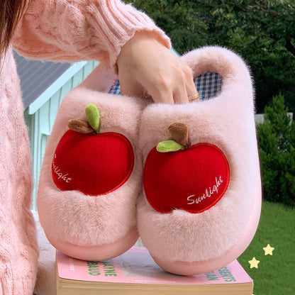 TZLDN Cartoon Plush Slippers – 3D Apple Faux Fur Indoor Slippers for Couples, Warm Winter Cotton Shoes for Women & Men
