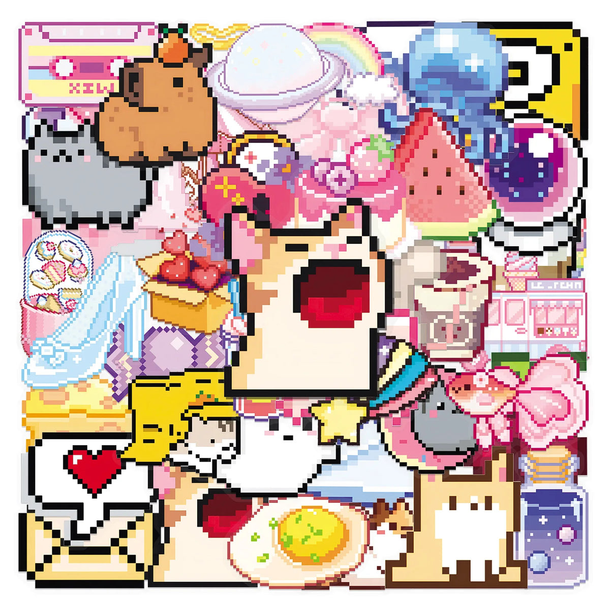 50-Piece Cute Pixel Game Sticker Set – Kawaii Cat Waterproof Decals for Scrapbooks, Phones, Luggage, and Skateboards