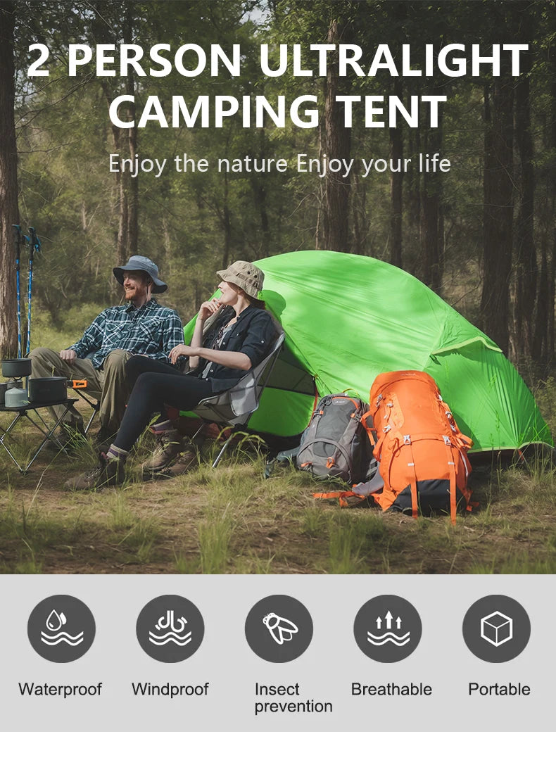 BISINNA 2-Person Ultralight Camping Tent – 20D 380T Nylon, Double Layer Waterproof Backpacking Tent for Hiking & Travel with Free Mat