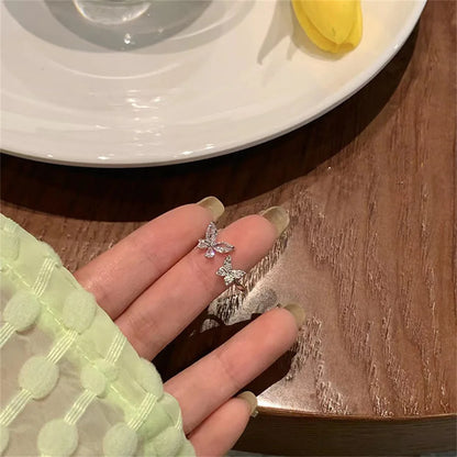 Acrylic Crystal Butterfly Ring - Adjustable Silver-Tone Zircon Fashion Ring for Women, K-Pop Party Jewelry