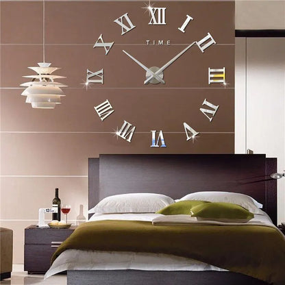 3D Acrylic Roman Numerals Digital Mirror Wall Clock – Large Round DIY Self-Adhesive Fashion Clock