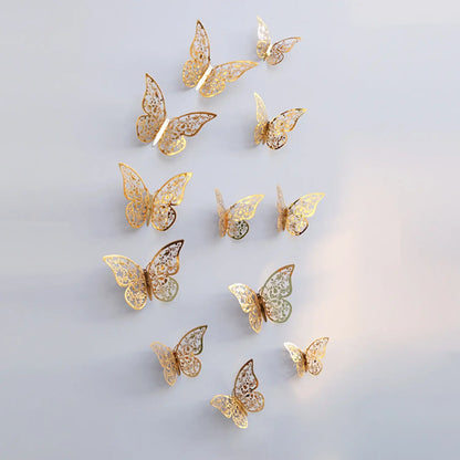 12PCS Metal-Inspired 3D Hollow Paper Butterfly Decorations – Party, Wedding, Birthday & Festival Wall Stickers