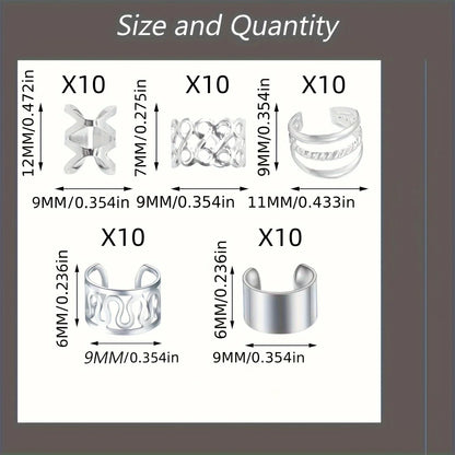50PCS Alloy Hair Jewelry for Braids — Metal Dreadlock & Braid Clips, Non-Piercing Ear, Beard Beads & Hair Cuffs