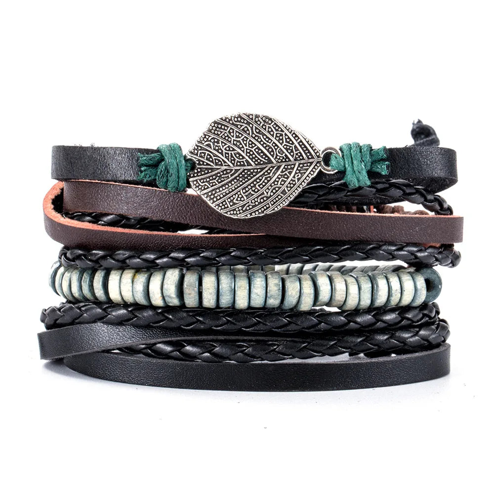 4Pcs Men's Braided Leather Bracelets Set – Vintage Life Tree & Rudder Charms, Wood Beads, Ethnic Tribal Wristbands