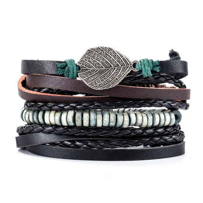 4Pcs Men's Braided Leather Bracelets Set – Vintage Life Tree & Rudder Charms, Wood Beads, Ethnic Tribal Wristbands