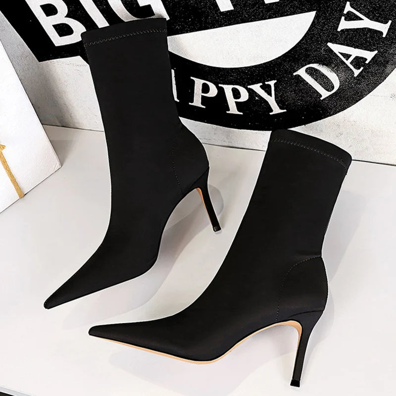 Women’s Satin Sock Ankle Boots - 7.5cm & 10cm High Heels Pointed Toe Winter Fashion Boots