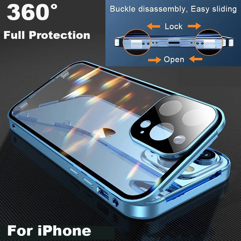 360° Full Protection Magnetic Metal Phone Case - Double-Sided Glass Cover with Lock Buckle for iPhone 11-16 Pro Max