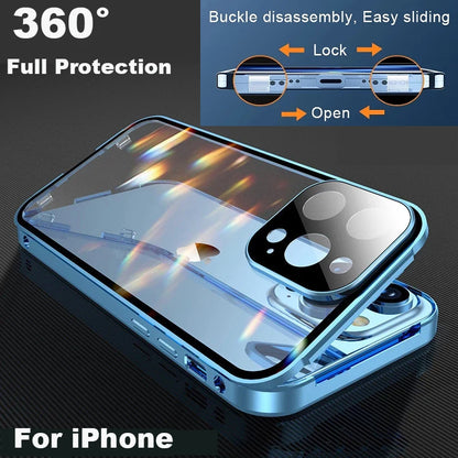 360° Full Protection Magnetic Metal Phone Case - Double-Sided Glass Cover with Lock Buckle for iPhone 11-16 Pro Max