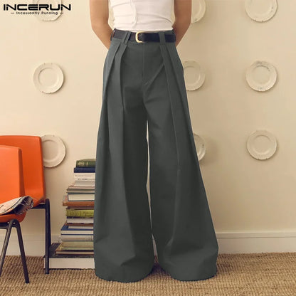 INCERUN Men Wide Leg Pants - Loose Pleated Casual Streetwear Button Trousers S-5XL