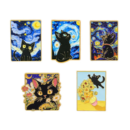 5-Piece Van Gogh Art Black Cat Enamel Pin Set - Cartoon Metal Brooches for Backpacks, Clothing, and Art Lovers’ Gifts
