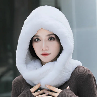 2025 Women’s Knitted Rex Rabbit Fur Hat – Hooded Scarf with Neck Collar, Long Winter Warm Fur Hat & Scarf Set