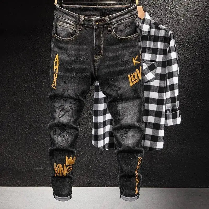 Luxury Korean Streetwear Slim Fit Denim Jeans – Punk Style with 3D Embroidery for Spring & Autumn