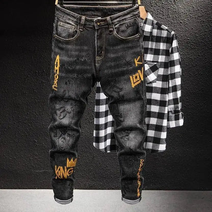 Luxury Korean Streetwear Slim Fit Denim Jeans – Punk Style with 3D Embroidery for Spring & Autumn