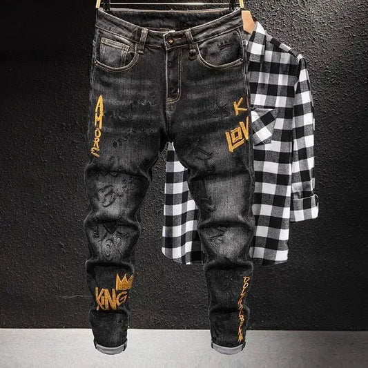 Luxury Korean Streetwear Slim Fit Denim Jeans – Punk Style with 3D Embroidery for Spring & Autumn