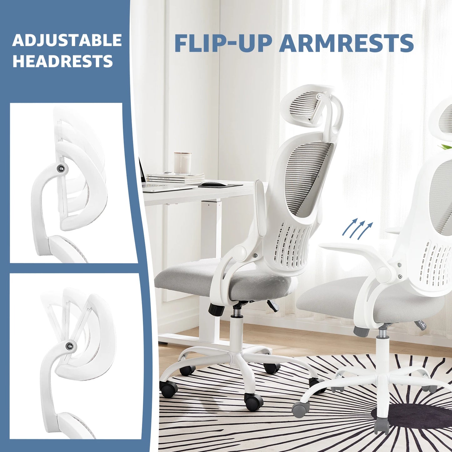 Mesh Ergonomic Office Chair – Adjustable Headrest, Flip-Up Arms, Comfortable Lumbar Support for Home & Office