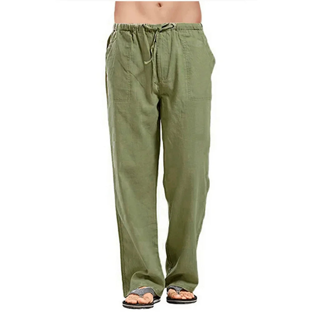 Men's Cotton Linen Pants – Summer Breathable Solid Color Casual Trousers with Elastic Waist