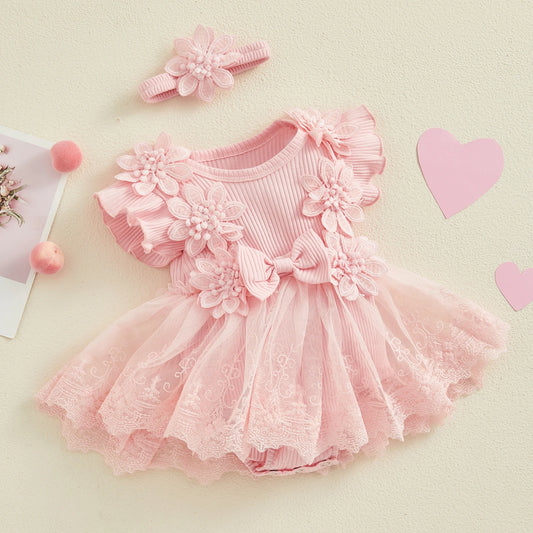 3D Flower Baby Girls’ Romper - Princess Mesh Lace Ruffle Bodysuit Dress with Headband